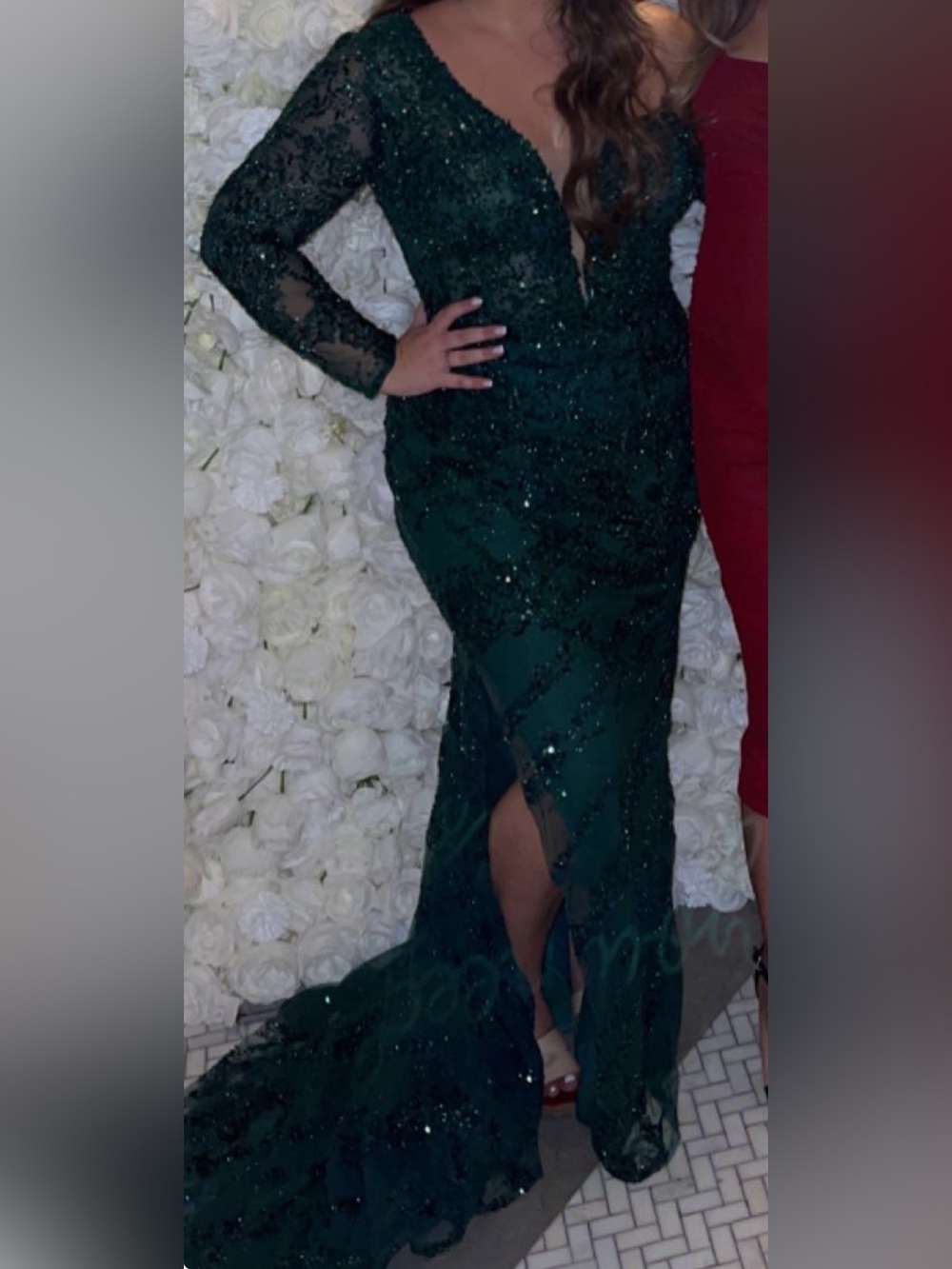 Custom Elegant Emerald Sequin Long Sleeve Gown - Women Dresses
